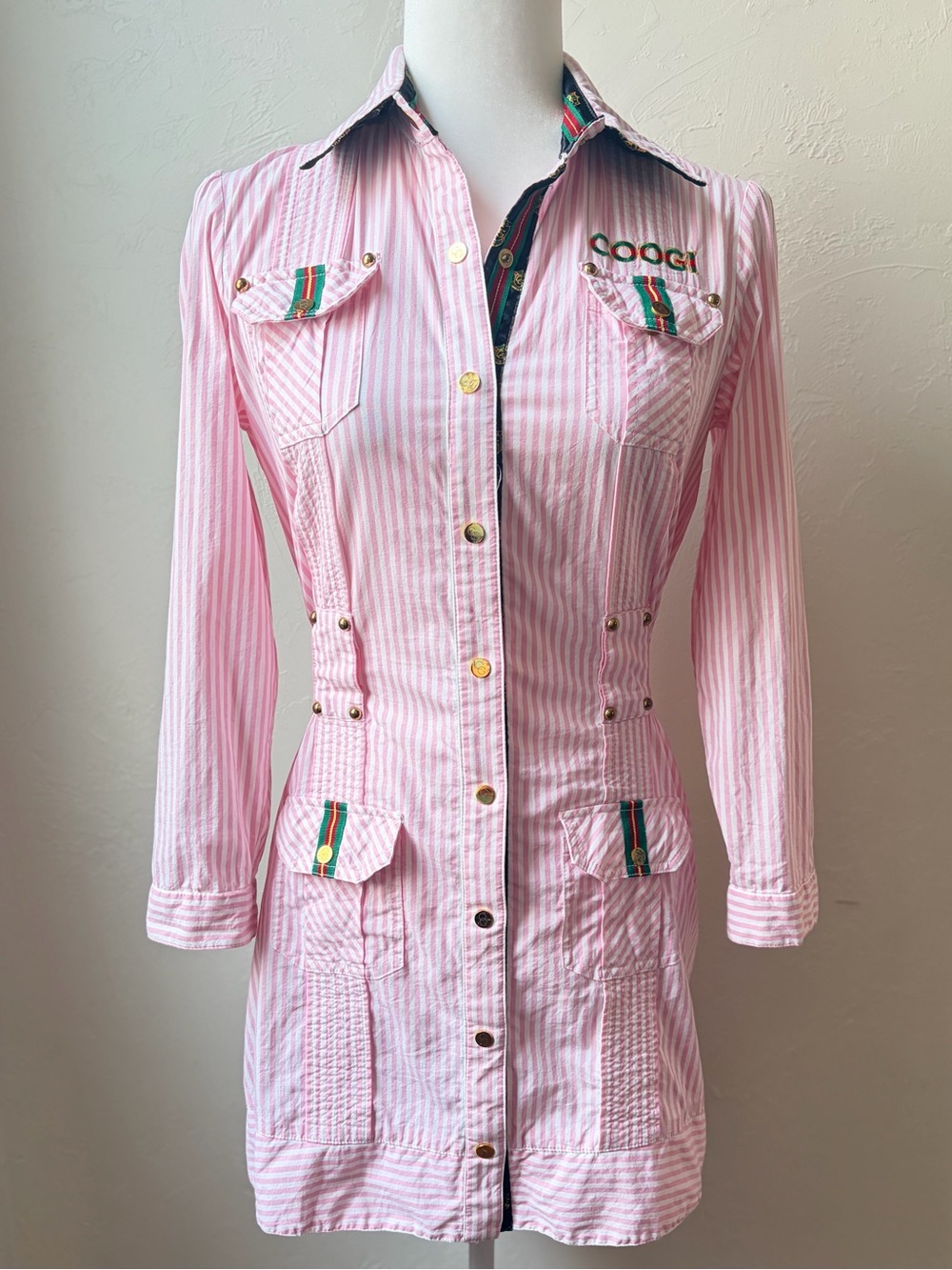 Vintage COOGI Pink Striped Utility Shirt Dress Y2K Rasta Logo Mini Size Small